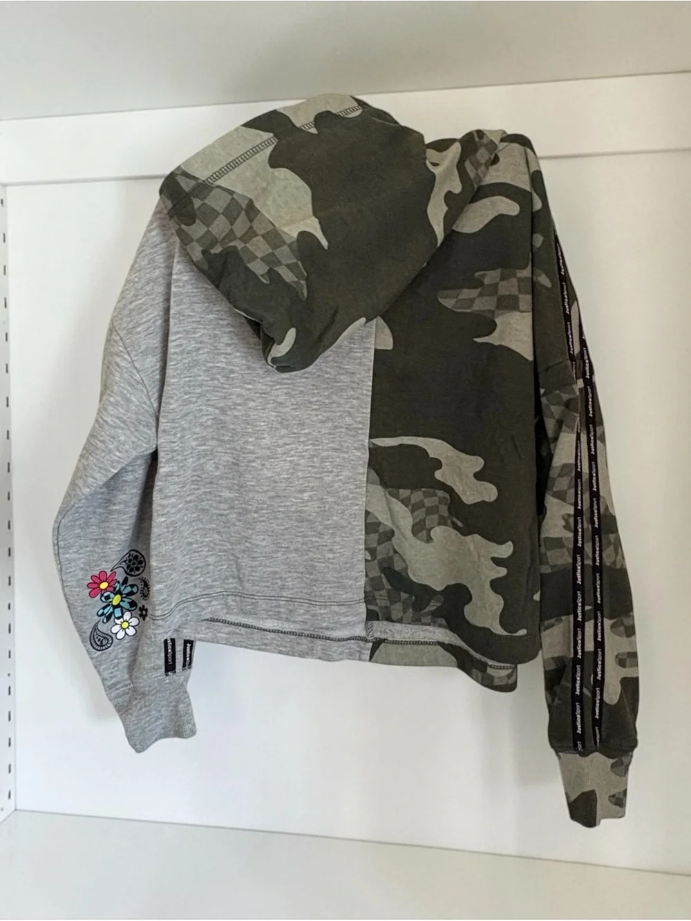 Justice Two-Tone Green Camo and Gray Hoodie with Daisy Graphics